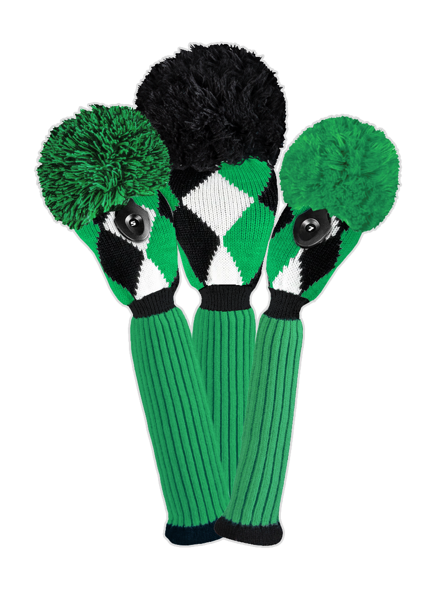 Green, Black & White Diamond Knit Headcover Set (Driver, Wood, Hybrid) - Just4Golf