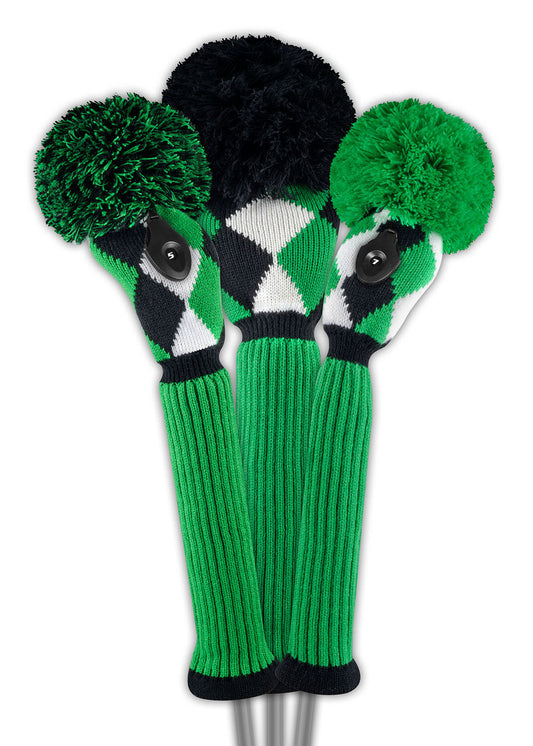 Green, Black & White Diamond Knit Headcover Set (Driver, Wood, Hybrid) - Just4Golf