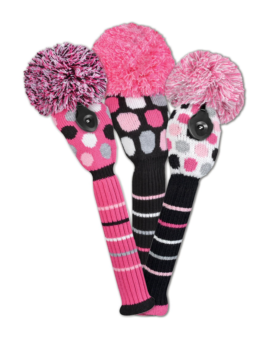 Pink, White, & Black Dot Knit Headcover Set (Driver, Wood, Hybrid) - Just4Golf