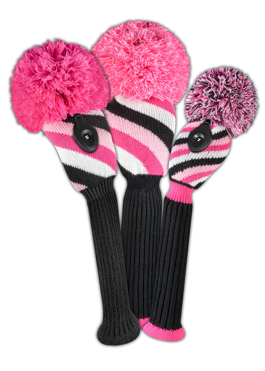 Just4Golf Diagonal Stripe Knit Headcover Set (Driver, Wood, Hybrid) - Pink, Black, White
