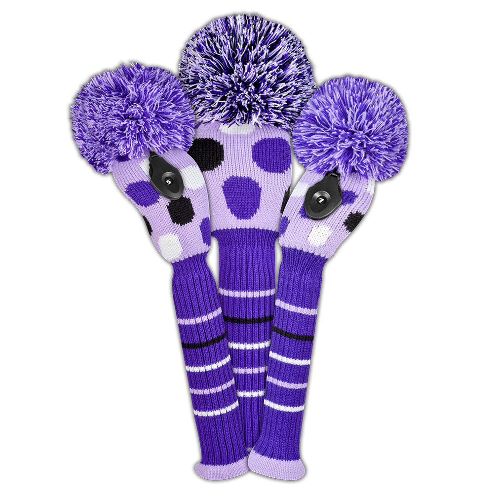 Purple, Black & White Dot Knit Headcover Set (Driver, Wood, Hybrid) - Just4Golf
