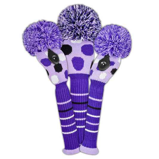 Just4Golf Dot Knit Headcover Set (Driver, Wood, Hybrid) - Purple, Black & White