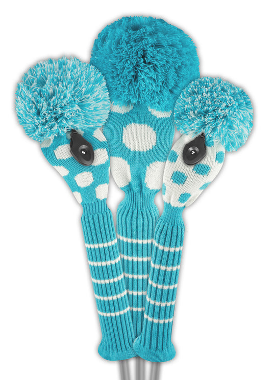 Turquoise & White Dot Knit Headcover Set (Driver, Wood, Hybrid) - Just4Golf