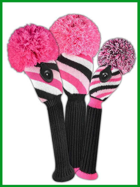Just4Golf Diagonal Stripe Knit Headcover Set (Driver, Wood, Hybrid) - Pink, Black, White
