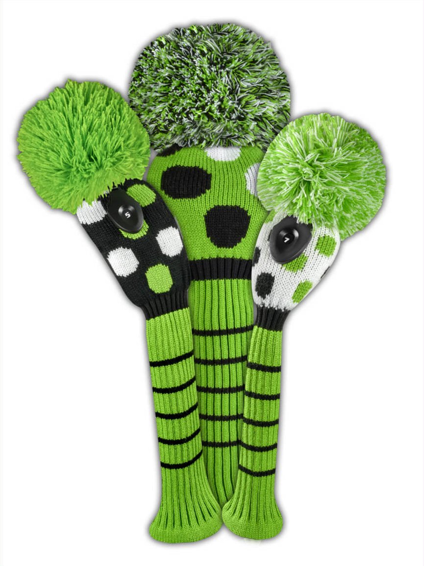 Just4Golf Dot Knit Headcover Set (Driver, Wood, Hybrid) - Lime, Black, & White