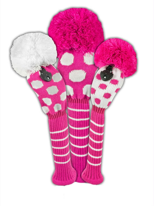 Just4Golf Dot Knit Headcover Set (Driver, Wood, Hybrid) - Pink & White