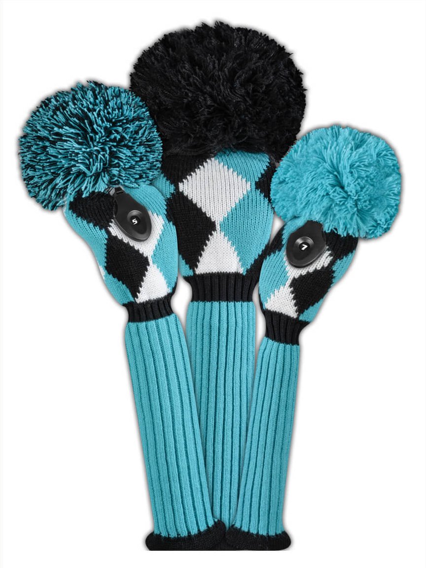 Turquoise, Black & White Diamond Knit Headcover Set (Driver, Wood, Hybrid) - Just4Golf