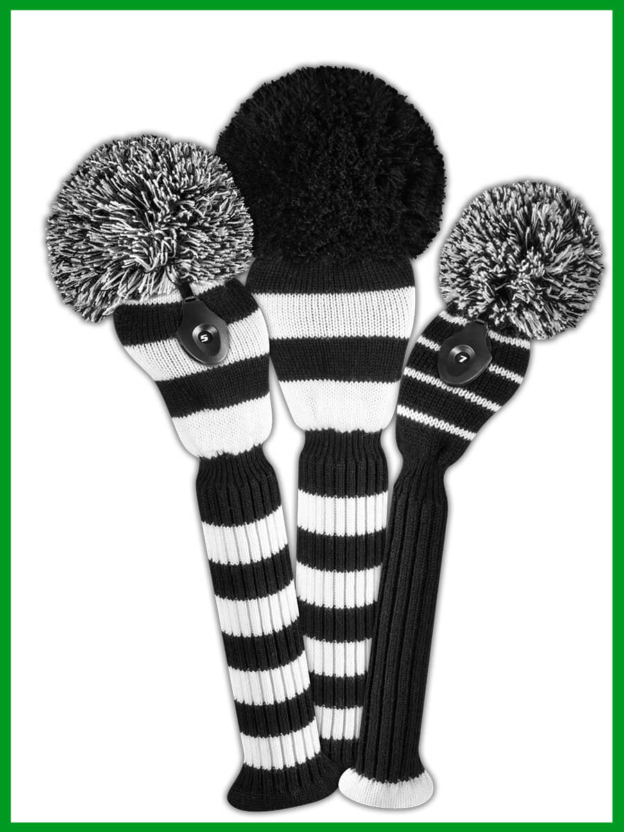 Just4Golf Black & White Stripe Knit Headcover Set - Driver, Wood, Hybrid