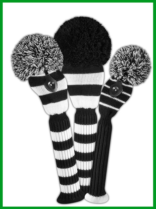 Just4Golf Black & White Stripe Knit Headcover Set - Driver, Wood, Hybrid