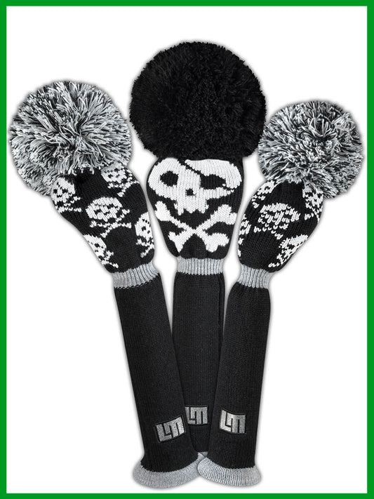 Just4Golf Black Shiver Skull Knit Headcover Set - Driver, Wood, Hybrid (Loudmouth Golf collaboration)