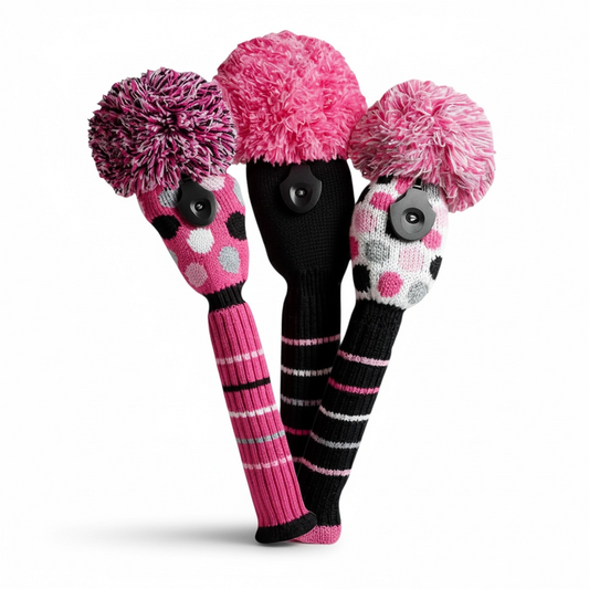 Pink, White, & Black Dot Knit Headcover Set (Driver, Wood, Hybrid) - Just4Golf