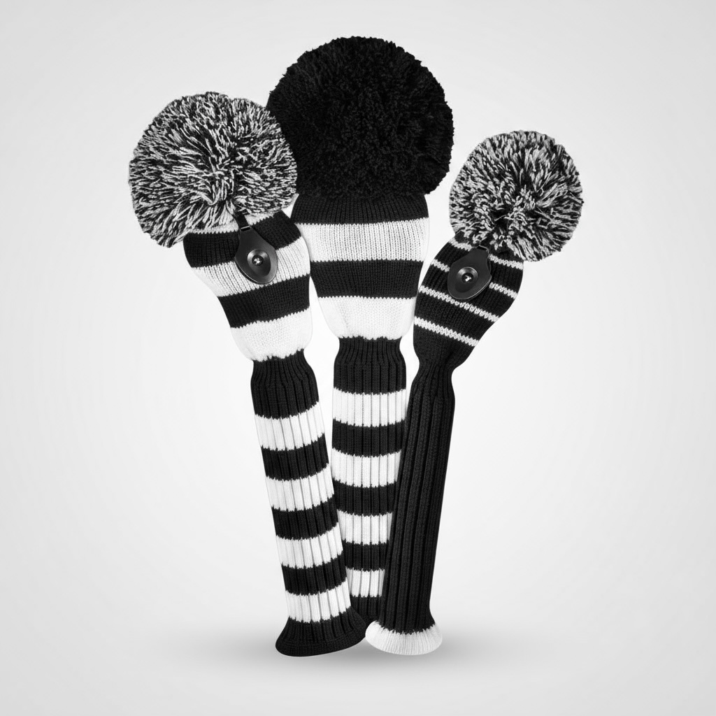 Black & White Stripe Knit Headcover Set (Driver, Wood, Hybrid) - Just4Golf