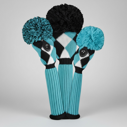 Turquoise, Black & White Diamond Knit Headcover Set (Driver, Wood, Hybrid) - Just4Golf