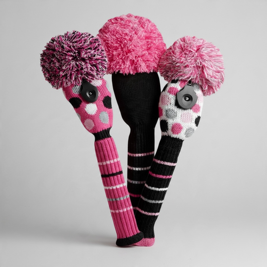 Pink, White, & Black Dot Knit Headcover Set (Driver, Wood, Hybrid) - Just4Golf