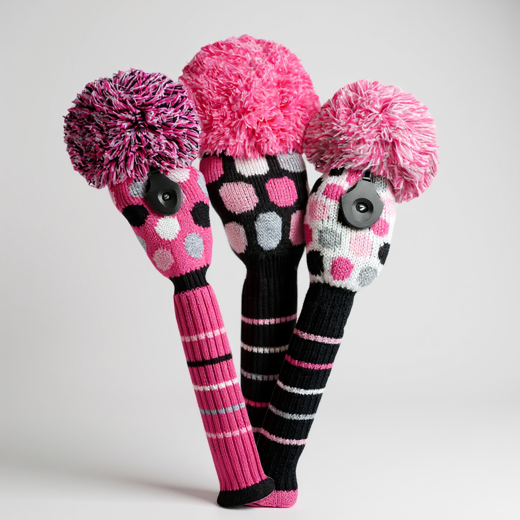 Pink, White, & Black Dot Knit Headcover Set (Driver, Wood, Hybrid) - Just4Golf