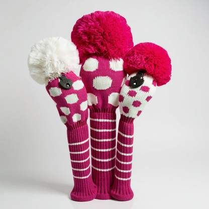 Pink & White Dot Knit Headcover Set (Driver, Wood, Hybrid) - Just4Golf
