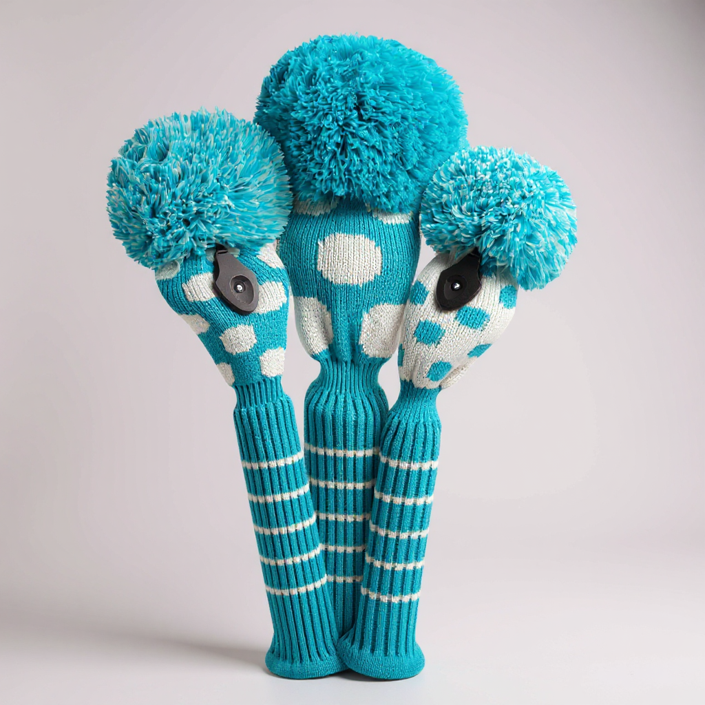 Turquoise & White Dot Knit Headcover Set (Driver, Wood, Hybrid) - Just4Golf