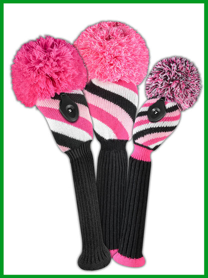 Diagonal Stripe Headcover Set - Pink, Black, White
